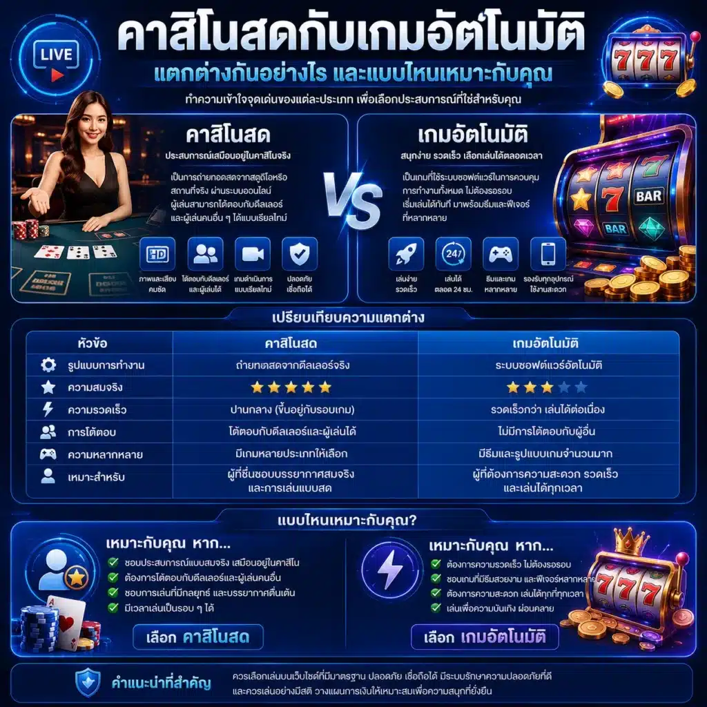 คาสิโนสดกับเกมอัตโนมัติ แตกต่างกันอย่างไร และแบบไหนเหมาะกับคุณ